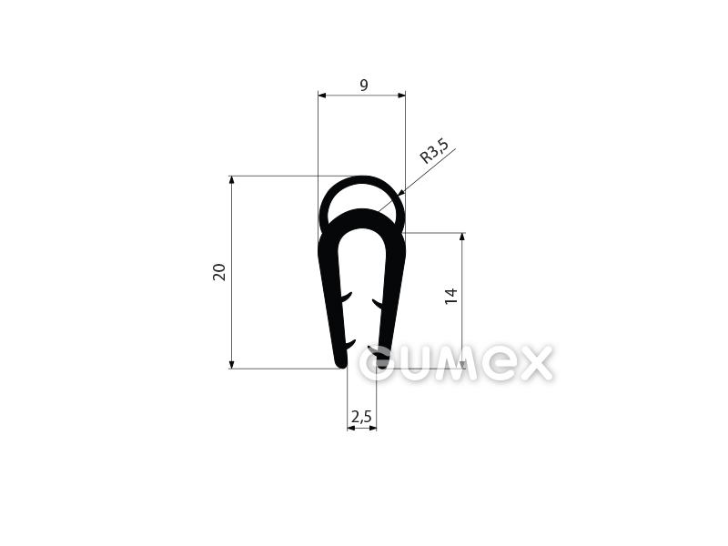 Pryžový profil tvaru "U" s horním těsněním, 20x9/2,5mm, 70°ShA, EPDM, -40°C/+100°C, černý